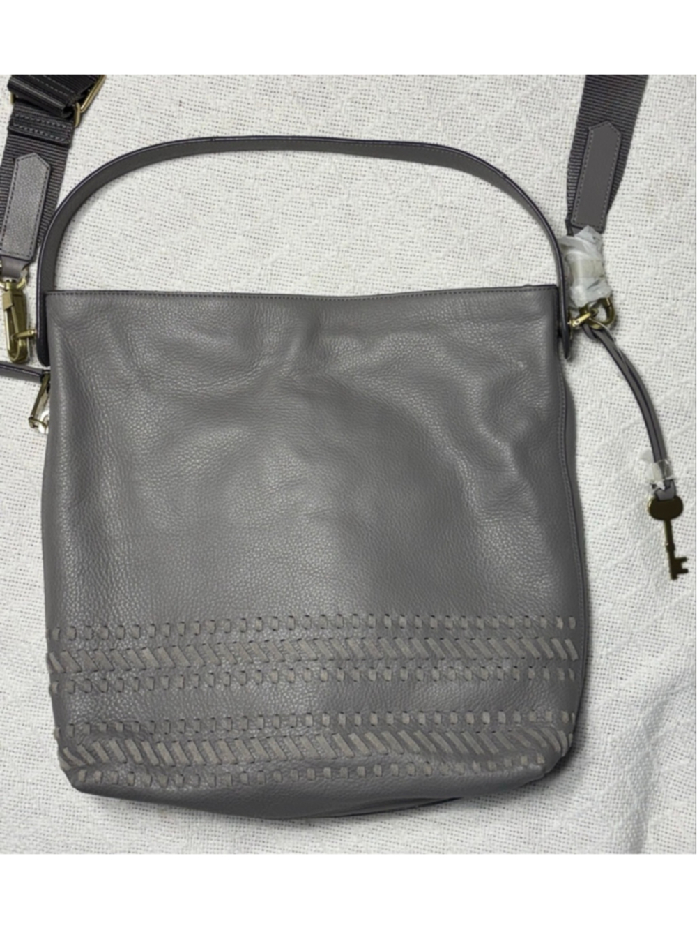 NWOT FOSSIL "Maya" Hobo Gray/Light Taupe Leather Handbag Purse ZB7191 w/key! - Picture 5 of 12